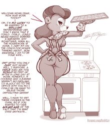  altered_common_sense anonymind_(manipper) apron ass barcode bear_girl bottomless comic dialogue disney domestication empty_eyes femsub furry happy_trance housewife manip milf monochrome naked_apron rebecca_cunningham scificat smile stepfordization talespin tattoo text tray western 