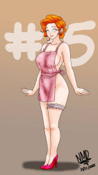 apron blue_eyes earrings female_only femsub gardevoir happy_trance high_heels hypnovember lipstick nominddetected nude orange_hair shrunken_irises sideboob smile standing