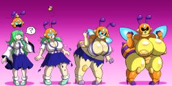 bee_girl before_and_after breast_expansion breasts female_only femsub gradient_background helmet huge_breasts hyper_breasts prinnydood robot robotization sanae_kochiya simple_background solo tagme tech_control touhou transformation
