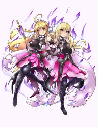 1ki_do ahoge alternate_costume aura bandai_namco bare_shoulders blonde_hair bodysuit breasts corruption cosplay crossover cygames dragalia_lost female_only femsub fire_emblem fire_emblem_heroes fire_emblem_radiant_dawn floating gloves glowing hair_ribbon happy_trance large_breasts legs legs_up long_hair looking_at_viewer magic mileena_weiss nintendo opera_gloves princess red_eyes ribbon smile staff tales_of_(series) tales_of_the_rays torn_clothes white_background zethia