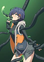 ahoge all_the_way_through before_and_after belle_(zenless_zone_zero) blue_hair blush choking earrings empty_eyes eye_roll female_only femsub gradient_background green_background green_eyes hair_ornament nipple_tweak r_xviiitraining short_hair shrunken_irises simple_background solo tears tentacle_in_mouth tentacle_sex tentacles vaginal zenless_zone_zero
