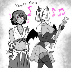 belt blush bracers character_request cleavage closed_eyes collarbone crop_top dark_skin eyebrows_visible_through_hair female_only femdom femsub fingerless_gloves freckles happy_trance horns hypnotic_music hypnovember instrument large_breasts leotard majinsfw midriff multicolored_eyes navel opera_gloves original pink_eyes see-through short_hair simple_background singing skirt smile spiral_eyes sweat symbol_in_eyes thighhighs white_background wide_hips wings