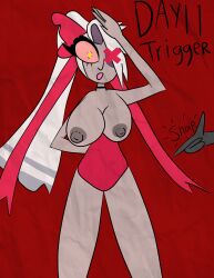 bow breasts exposed_chest expressionless finger_snap hazbin_hotel hypnovember ponytail standing_at_attention tcross vaggie_(hazbin_hotel)