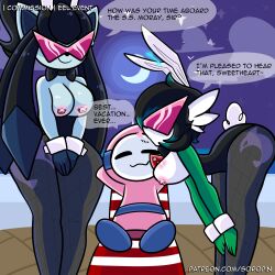 bent_over bunny_ears bunnysuit femsub furry gardevoir glace_(shyker) glaceon kelly_(shyker) kissing multiple_girls multiple_subs nintendo nipple_piercing nude original pokemon shyker soropin sunglasses