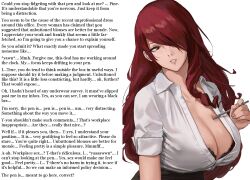  bra caption caption_only cleavage dazed femsub huge_breasts hypnotic_object j@ck large_breasts manip mitsuru_kirijo monsieurchuchote_(writer) office_lady persona_(series) persona_3 red_eyes red_hair text unaware 
