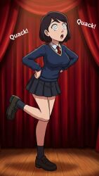 ai_art bare_legs black_hair black_skirt chicken_dance chicken_pose dialogue female_only femsub maddie_kim open_mouth pantheon_(series) school_uniform shoes short_hair skirt solo spiral spiral_eyes spiralwash_eyes stage stage_hypnosis standing suit sweater symbol_in_eyes text tie zupern0va_(manipper)