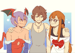arm_warmers bare_shoulders blue_eyes border bra brown_eyes brown_hair cleavage cleavage_cutout clothed collarbone darkstalkers demon_girl efalabrino femsub futaba_sakura glasses gradient_background headphones heavy_eyelids kingdom_hearts leaning_forward leotard lilith_aensland long_hair maledom multiple_girls multiple_subs necklace orange_hair persona_(series) persona_5 purple_hair red_eyes shirt short_hair simple_background small_breasts smile sora tank_top wings