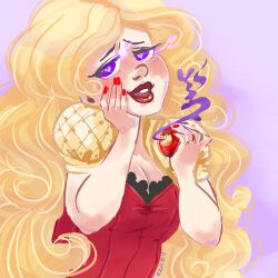 apple_white blonde_hair blush breasts corset ever_after_high female_only fruit heart heart_eyes hypnotic_food large_breasts lipstick nail_polish open_mouth purple_eyes red_lipstick solo symbol_in_eyes zzazu