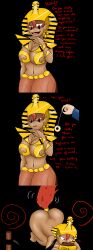  breasts dog_girl dog_pose egyptian femsub gold onorgasmic pendulum spiral_eyes tan_skin text 