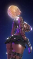 3d alternate_costume armor ass bare_shoulders before_and_after blonde_hair breast_expansion breasts clothed_exposure corruption dark_skin english_text evil_smile fate/grand_order fate_(series) female_only femsub gloves glowing hair_covering_one_eye huge_breasts hypnotic_light koikatsu! large_ass looking_back mashu_kyrielight midriff navel pink_eyes qos shield simple_background smile solo taihou1944 tattoo text thighhighs thighs tongue tongue_out transformation