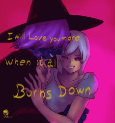  bangs clothed crossover crossxavier dazed demon demon_boy drool english_text fangs femsub hair_covering_both_eyes happy_trance hat hug hypnotic_audio hypnotic_music hypnotic_voice kpop_demon_hunters long_hair maledom mystery_(kpop_demon_hunters) nightgown pajamas pink_background purple_eyes purple_hair purple_skin rwby scar short_hair signature simple_background singing smile spiral spiral_eyes spiralwash_eyes text weiss_schnee white_hair 