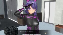  3d before_and_after blush bodysuit breasts cuffs custom_maid_3d_2 cyber-sexaroid_(dndniwana3s) dialogue empty_eyes erect_nipples erect_nipples_under_clothes fake_animal_ears female_only femsub headphones japanese_text large_breasts microphone open_mouth original purple_eyes purple_hair rubber saluting side_ponytail solo standing standing_at_attention swallow774 tech_control 