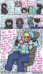 absurdres blue_eyes blush brown_hair bulge choker comic crop_top dialogue eyebrows_visible_through_hair fanterfane happy_trance hoodie malesub multicolored_hair navel pants possession resisting smile text trembling twintails v yellow_eyes