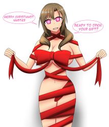  bangs bare_shoulders breasts brown_hair christmas dialogue do_you_love_your_mom_and_her_two_hit_multitarget_attacks female_only femsub glowing_eyes large_breasts long_hair maledom mamako_osuki milf naked_ribbon navel pink_eyes ribbon simple_background soex speech_bubble standing tagme text white_background 