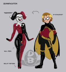 before_and_after blonde_hair cape clothed cock_ring dc_comics diceyboi english_text erection erection_under_clothes freckles harley_quinn latex male_only malesub mask red_robin robin short_hair solo super_hero text tim_drake transformation