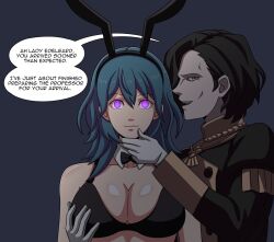  black_hair blue_hair bra breasts bunny_ears bunny_girl byleth_eisner chin_hold cleavage clothed collarbone dialogue electrickronos english_text fake_animal_ears femsub fire_emblem fire_emblem_three_houses gloves glowing glowing_eyes happy_trance hubert_von_vestra large_breasts long_hair looking_at_viewer magic maledom nintendo open_mouth purple_eyes ribbon school_uniform short_hair smile speech_bubble standing standing_at_attention text unaware underwear uniform 