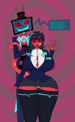  black_hair blue_hair demon demon_girl drool english_text femsub hazbin_hotel horns hypnotic_eyes maledom office_lady red_eyes red_skin speech_bubble stalkertube tagme tail tech_control text tv vox 