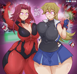 akiza_izinski alexis_rhodes blonde_hair brain_control_(yu-gi-oh!) card clothed dialogue drevod drool english_text female_only femsub long_hair multiple_girls multiple_subs pink_eyes pussy_juice red_hair short_hair text yu-gi-oh!