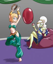  arms_above_head bare_legs blonde_hair blue_eyes crossed_legs dancing female_only femdom femsub genie hair_covering_one_eye happy_trance harem_outfit ivory_(swankypajamas) legs long_hair midriff mythkaz navel original purple_eyes short_hair sitting smile tagme white_hair 