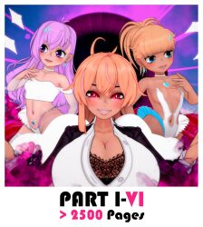 3d advertisement ahoge arm_warmers ballerina bangs bare_shoulders before_and_after blonde_hair blue_eyes blush choker cleavage coral_(skill_animation) crotch_tattoo earrings electra_(skill_animation) female_only hair_ornament jewelry koikatsu! large_breasts leotard long_hair looking_at_viewer magical_girl midriff miniskirt multiple_girls navel original pink_eyes ponytail purple_eyes purple_hair ruby_(skill_animation) shirt skill_animation skirt small_breasts smile straight-cut_bangs tan_skin thigh_boots thighhighs 