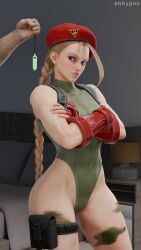  3d ahoge angry bare_legs blonde_hair blue_eyes blush bracers braid breasts cammy_white collarbone crossed_arms crystal eh emblem female_only femsub fingerless_gloves hat legs leotard long_hair pendulum solo standing street_fighter wide_hips 