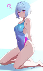  absurdres arms_behind_back bare_shoulders batta18th blue_hair blush breasts confused empty_eyes female_only femsub kneeling lize_helesta looking_at_viewer navel nijisanji one-piece_swimsuit pink_eyes short_hair signature simple_background solo swimsuit virtual_youtuber 