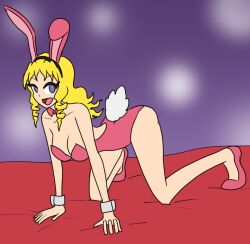  all_fours bare_legs blonde_hair blue_eyes bow_tie breasts bunny_ears bunny_girl bunnysuit cleavage clothed collarbone cuffs drill_hair fake_animal_ears fake_tail female_only femsub happy_trance heart_eyes long_hair looking_at_viewer mythkaz original princess_caelia_(kachopper9) simple_background smile solo symbol_in_eyes 
