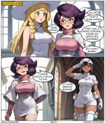 aether_foundation aether_foundation_employee ai_art blonde_hair dialogue glasses large_breasts lillie_(pokemon) pokemon purple_hair team_hypno text wicke