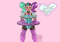 absurdres arms_behind_back bulge chastity dollification feminization gloves heart heart_eyes male_only malesub mantra mr_scade multicolored_hair opera_gloves simple_background skirt solo standing symbol_in_eyes text thighhighs thought_bubble tutu twintails