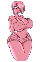  anonymous_artist bimbofication breast_expansion breasts confused dahypnoman_(dahypnoman) grey_eyes hair_covering_one_eye necklace nipples original pink_hair pink_lipstick pink_skin short_shorts thighs thong 