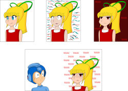 blonde_hair blue_eyes capcom comic empty_eyes expressionless femsub megaman megaman_(series) open_mouth ponytail red_eyes roll text white_background