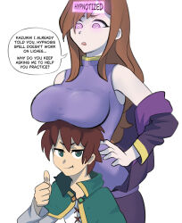 brown_hair dialogue glatu kazuma_satou kono_subarashii_sekai_ni_shukufuku_wo! long_hair maledom short_hair spiral_eyes text wiz_(konosuba)