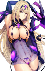  alternate_costume blonde_hair breasts cleavage corruption crotch_tattoo daiaru exposed_chest expressionless female_only gloves hair_band huge_breasts long_hair looking_at_viewer micro_bikini mythra_(xenoblade) navel nintendo opera_gloves simple_background solo sword tail thighs thong weapon white_background xenoblade_chronicles xenoblade_chronicles_2 yellow_eyes 
