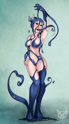  black_sclera blue_hair bottomless breasts corruption female_only femsub large_breasts living_costume long_hair long_tongue meyumi_nuyasaka ninjakitty nude original parasite slime solo symbiote tentacles topless 