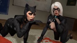  3d black_cat black_hair breasts cat_girl cat_pose catsuit catwoman dc_comics felicia_hardy female_only femsub marvel_comics multiple_girls multiple_subs pet_play selina_kyle source_filmmaker spiral spiral_eyes whateverdude19 white_hair 