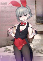  absurdres androgynous bulge bunny_boy bunny_ears bunnysuit cuffs dancho_(dancyo) earrings fake_animal_ears femsub hypnotic_accessory jewelry kiddom male_only maledom manip pantyhose piercing pov pov_sub riding_crop shota silver_hair t323_(manipper) text tongue tongue_out trap 
