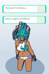  absurdres alien bare_shoulders blue_lipstick breasts crossover dark_skin dc_comics english_text femsub green_sclera groping isankura kneeling lipstick makeup midriff navel nessa_(pokemon) nintendo parasite pokemon pokemon_sword_and_shield possession short_hair shorts starro text 