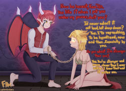  bare_legs bare_shoulders barefoot bat_wings blonde_hair chains cleavage clothed collar d-zen_(vanillahypnotist) demon demon_boy demon_girl dialogue elf_ears femsub focus_bx glowing_eyes happy_trance harem_outfit horns incubus kaa&#039;lin kneeling maledom original red_hair short_hair smile succubus tail text wings yellow_eyes 