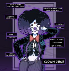  afro bow_tie breast_expansion cleavage clown clown_girl clownification coupytf dc_comics female_only femsub laughing makeup navel purple_hair purple_lipstick raven resisting solo suspenders teen_titans text thong 
