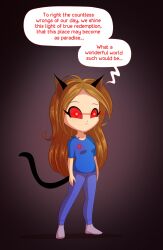 brown_hair cat_girl chibi clothed dialogue dina-m expressionless female_only femsub glowing glowing_eyes long_hair red_eyes text the_world_ends_with_you twilight_(twilightl)