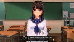 3d bangs blackboard blue_eyes classroom custom_maid_3d_2 hairpin school_uniform shiina_kosaka straight-cut_bangs text translated 