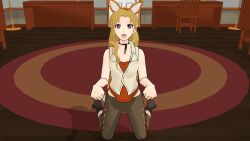 3d airmotor animated bare_shoulders blonde_hair blue_eyes boots collarbone dog_pose fake_animal_ears fake_tail happy_trance heart_eyes hypnovember long_hair mmd necklace open_mouth panting pants rwby saphron_cotta-arc smile symbol_in_eyes tongue tongue_out vest video