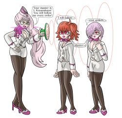 absurdres ahoge alternate_costume beret breasts choker cleavage clothed cosplay costume dialogue earrings english_text eye_color_change fate/grand_order fate_(series) female_only femdom femsub glasses glowing hair_covering_one_eye hand_on_head hand_on_hip hat heart high_heels hypno_beam jewelry koyanskaya large_breasts leaning_forward leggings makeup mashu_kyrielight navel orange_hair pink_hair protoy purple_lipstick red_eyes ritsuka_fujimaru_(female) short_hair simple_background speech_bubble spiralwash_eyes tech_control text tight_clothing transparent_background very_long_hair yellow_eyes