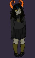 black_hair clothed empty_eyes female_only femsub grey_skin homestuck horns hypno-tan ms_paint_adventures notsafeforsweetie original sketch skirt socks solo sweater traditional yellow_sclera