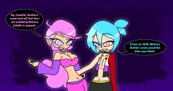 aged_up ahoge altered_common_sense alternate_costume arm_warmers aura bare_shoulders blue_background blue_hair choker cleavage collarbone english_text eyebrows_visible_through_hair eyelashes femsub hand_on_hip happy_trance harem_outfit hypnoscream large_breasts multiple_subs navel non-binary_sub open_clothes pink_hair pride_colors puyo_puyo raffina shiny_hair shiny_skin sig simple_background skirt smile speech_bubble vest wide_hips