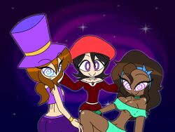 a_hat_in_time adeleine aged_up alternate_costume alternate_hairstyle ass aura bare_legs bare_shoulders black_hair bow bow_kid breasts brown_hair choker cleavage clothed crossover dark_skin dress eye_color_change female_only femdom femsub from_behind happy_trance hat hat_kid headband hypnoscream kirby_(series) large_ass large_breasts legs long_hair looking_at_viewer looking_back midriff navel nintendo purple_eyes smile sparkle spiral_background spiralwash_eyes story thighs very_long_hair