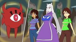  astigmatism_(undertale) brown_hair chara_(undertale) femsub frisk_(undertale) furry goat_girl multiple_girls multiple_subs mythkaz red_eyes short_hair spiral_eyes tagme toriel_dreemurr undertale 