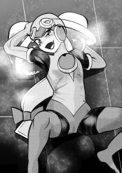  arms_above_head blush bodysuit boots bow breath cameltoe eyelashes fangs female_only femsub greyscale happy_trance helmet leotard long_hair looking_at_viewer megaman_(series) megaman_battle_network on_back roll.exe solo spread_legs thighhighs yoshiguti_sing 