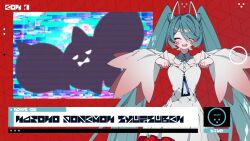 aware blue_hair blush closed_eyes dress hair_covering_one_eye hair_ornament long_hair miku_hatsune mochi_dance mysterious_zone nintendo open_mouth pecharunt pokemon smile sweat twintails vocaloid