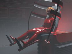 3d bodysuit breasts chair creativeguy59 empty_eyes expressionless female_only femsub latex long_hair orange_hair red_eyes rubber sitting solo tight_clothing